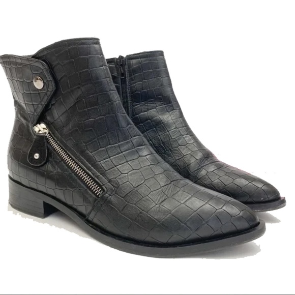 Napoleoni Italy Croc Embossed Leather Moto Zip Ankle Boots: Black - Picture 1 of 8